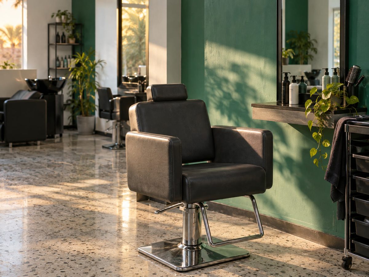 Charcoal salon chair එකක්, mint බිත්තිය, මහනුවර පාරේ හවස් එළිය — හිස්