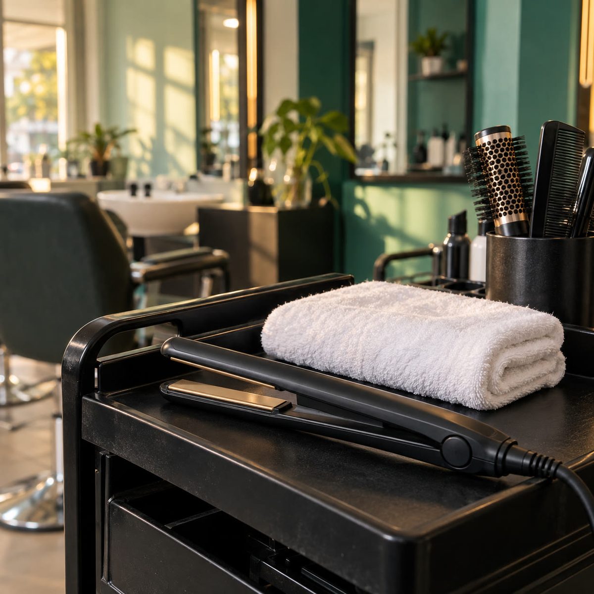 Keratin iron එකක් සහ සුදු towel එකක් කළු trolley එකක